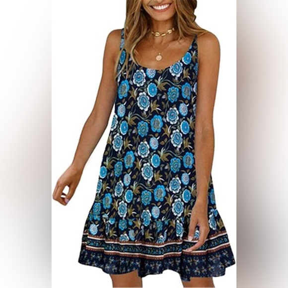Boho Blue Floral Strappy Ruffle Hem Summer Mini Sundress S Coastal Dainty Beach - Picture 9 of 9